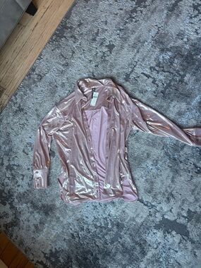 Anthropologie Iridescent Pink Satin Button-Up Top
